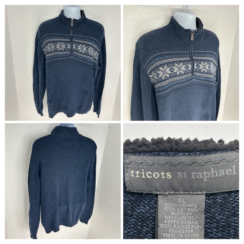 Tricots St Raphael 1/4 Zip Fair Isle Sweater Mens XL Fleece Collar Cotton Knit‎